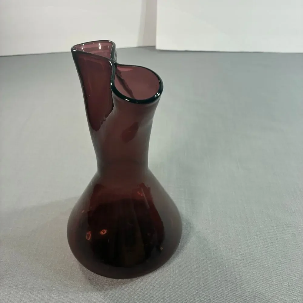 Vintage Amethyst Purple Art Glass Vase Hand Blown Folded Ruffle Rim 8 Inch Decor